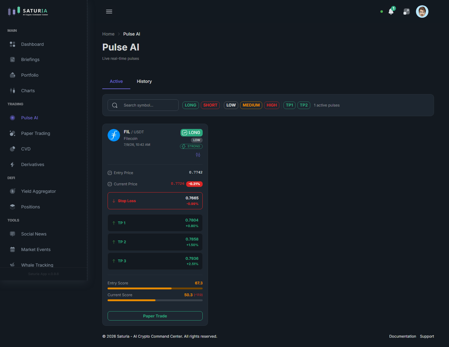 Pagina Pulse AI con una card di pulse attivo: entry, stop loss e target